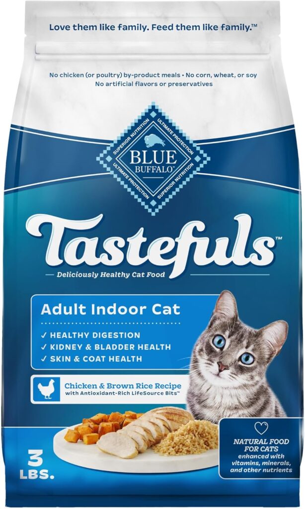 Real ingredients, real love. The taste your cat craves. Natural nutrition for happy cats. Nourish their indoor life. Give them the Blue Buffalo Tastefuls Adult Dry Cat Food Indoor Cat Formula, Made in the USA with Natural Ingredients, Chicken & Brown Rice Recipe, best, naturally. Deliciously healthy, made in the USA. Happy cat, happy home. Finicky-approved, vet-recommended. The purr-fectly natural choice.